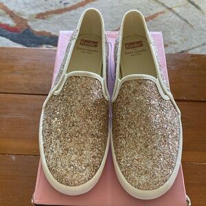KEDS FOR KATE SPADE.  GOLD SLITTER SLIP ONS NEW IN BOX